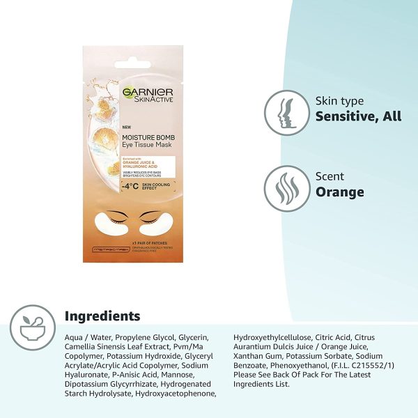 Garnier Hyaluronic Acid and Orange Juice Tissue Mask, Hydrating Brightening Tissue Eye Sheet Mask 6 g - Image 2