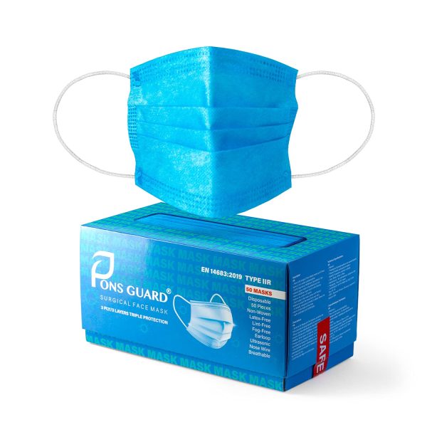 Pons Guard Surgical Masks. Premium Aqua Blue High Quality Disposable Face Masks. Aqua Blue Medical Face Masks. EN 14683:2019 + Ac:2019 Type IIR / 3 Ply. Face Masks Pack Of 50.Fluid Resistant.