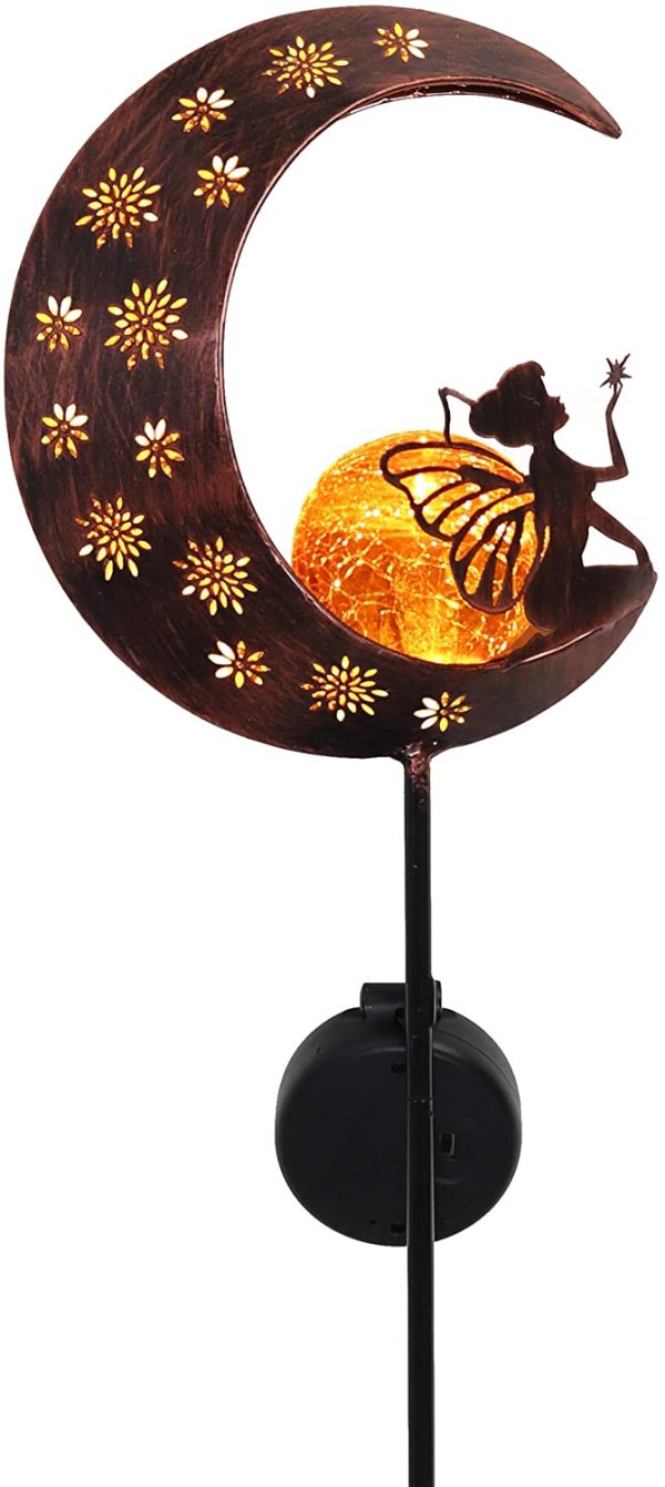 Metal Fairy Sitting on Moon Solar Lights for Garden Ornaments Outdoor, Solar Stake with Crackle Glass Ball, Decorative Garden Gifts for Flowerbed, Walkway, Pathway, 100cm Tall - Image 2