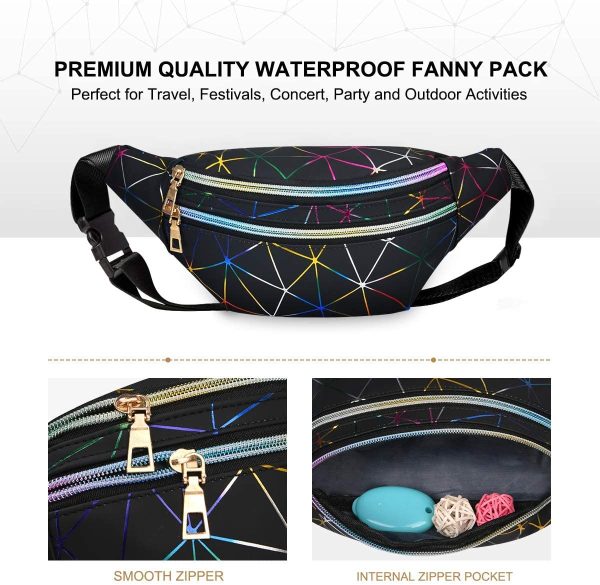 flintronic Waist Bag, Holographic Fanny Pack with PU Leather, Shiny Belt Bag Festival Rave Bumbags for Ladies Travel Party Sports Running Hiking(Black)(1 Business Card Holder Include) - Image 6