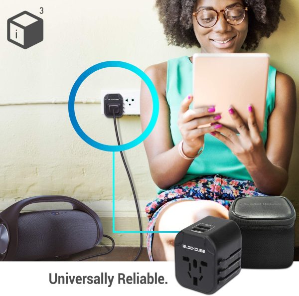 iBlockCube Worldwide Travel Plug Adapter with 2 USB 2.4A Charging Ports, International Universal AC Socket, Dual Safety Fuse, Chip Protector for US UK EU AU Mobile Phone Tablet Laptop Gadget (Black) - Image 2