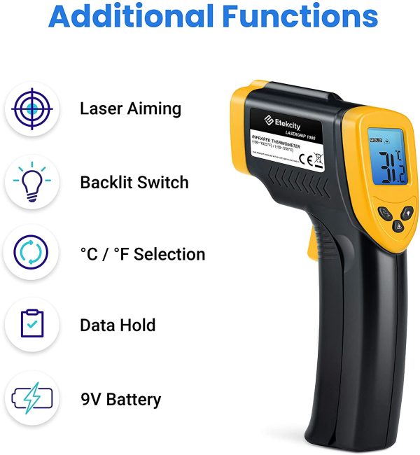 Etekcity Infrared Thermometer Non-Contact Digital Laser Temperature Gun,-50??C ~ 550??C ( -58??F~1022??F ) with LCD Display, for Cooking/Pizza Oven/BBQ/Fridge, (Not for Human), Lasergrip 1080 - Image 2