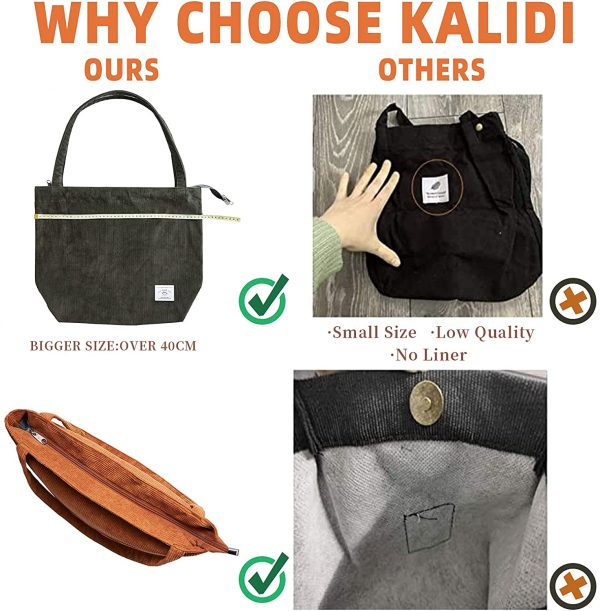 KALIDI Thicken Corduroy Totes Bag Extra Large Capacity Handbags Shoulder Bags with Zipper Cord Tote Bag for Women Ladies Girls Casual Shopping Bag for Work School College Daily Use