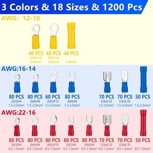 Electrical Terminals, 1200PCS Crimp Connectors,  Electrical Crimp Terminals with 18 Sizes Insulated Terminal Set - Image 5