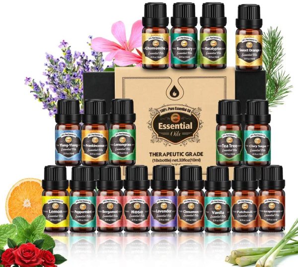 Essential Oils for Diffusers for Home, Diffuser Oil 18x10mL, Tea Tree, Lavender, Eucalyptus, Frankincense, Lemon Grass, Rosemary, Orange, Mint, Lemon, Cinnamon, Bergamot, Ylang-Ylang, Grapefruit, etc.