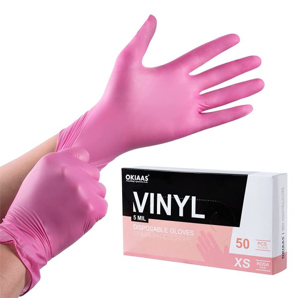 OKIAAS Pink Disposable Gloves XS|Latex-Free Vinyl Gloves for Household, Food Handling, Lab Work and More|Small,50 Counts/Box - Image 2