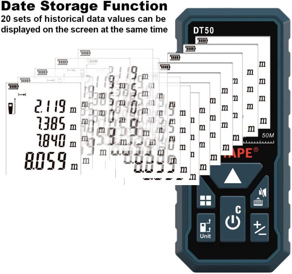 Laser Measure 50M, DTAPE DT50 Laser Distance Meter 165ft, Portable Handle Digital Measure Tool Range Finder, Larger Backlit LCD 4 Line Display IP54 Shockproof Battery Included - Image 6
