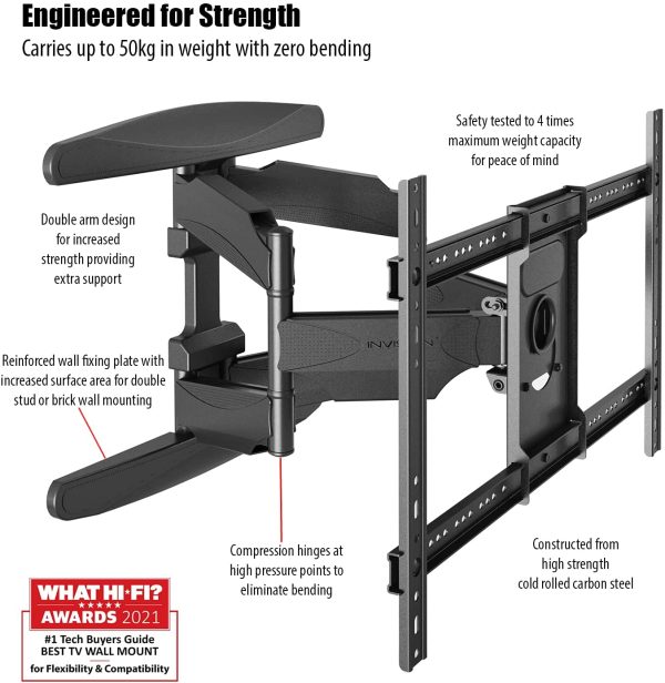 Invision Ultra Strong TV Wall Bracket Mount Double Arm Tilt & Swivel for 37-70 Inch (94-178cm) LED LCD OLED Plasma & Curved Screens - Up to VESA 600mm(w) x 400mm(h) - Max Load 50kg (HDTV-DXL) - Image 4