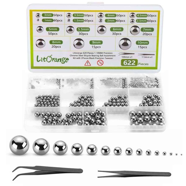 Litorange 620 Pieces 15 Size 1-10MM Metric Precision Chrome Steel Assorted Loose Bicycle Bearing Ball Assortment Kit with 2pcs Black Precision Tweezer - Image 4