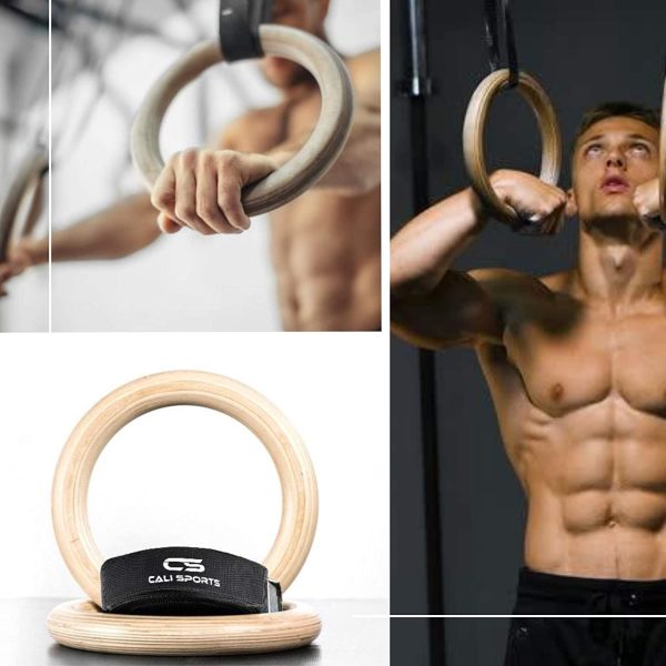 CALI SPORTS Wood Gymnastic Rings, Exercise Olympic Rings with Adjustable Long Straps, Steel Buckles, Perfect for Calisthenics Workout, Crossfit, Bodyweight, Pull-Ups and Dips