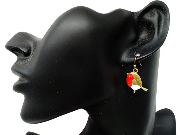 Robin bird dangle earrings hand resin enamelled in gift box. (BronzeRobinFH) - Image 3