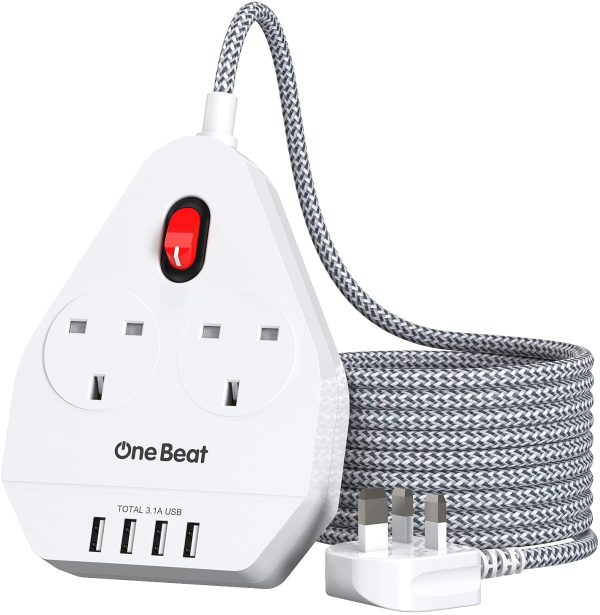 Extension Lead with USB Slots, OneBeat Power Strip 2 Way Outlets 4 USB Ports, Surge Protection Plug Extension Sockets with 1.8M/6Ft Braided Extension Cord, Overload Protection for Home Office - Image 5