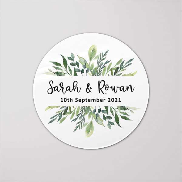 Personalised Wedding Leaves stickers, Stickers for wedding favours, Custom Round Elegant labels with your names and date - WC14