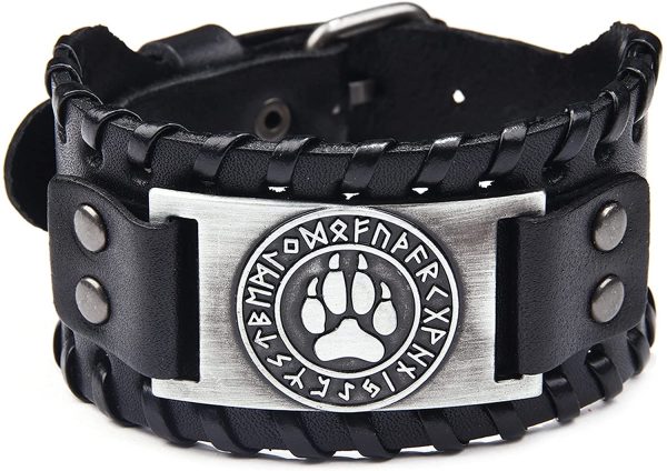 Black Leather Bracelet Antique Silver Viking Wolf Bear Paw Norse Runes Leather Bracelet for Men, Punk Retro Jewelry for Men - Image 5