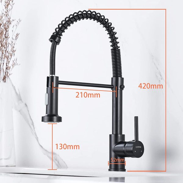 Kitchen Tap with Pull Down Sprayer,  High Arc Gooseneck Kitchen Sink Faucet, Single Handle Stainless Steel Mixer Tap (Black) - Image 4