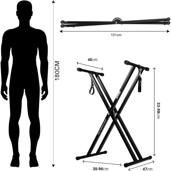 Duronic Keyboard Stand KS2B | Twin X Frame | Height Adjustable 33-98cm | Double Braced Legs for Digital Pianos | Quick-Pull Release | With Support Straps to Secure Keyboard | Holds up to 20kg - Image 4