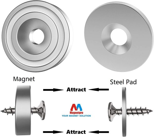 Magnetpro 12 Pieces Magnet 10 KG Force 20 x 7 mm with Countersunk Hole and Steel Capsule, Pot Magnets with Screws and 12 Steel Pads - Image 4