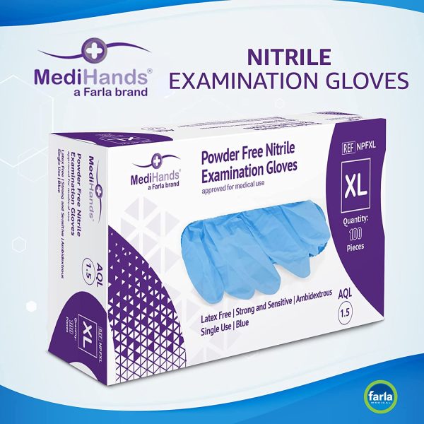 MediHands Nitrile Gloves XL, Blue Heavy Duty Disposable Gloves, Powder Free, Latex Free, and Protein Free, Medical, Food, Multi Use, Pack of 100 - Image 2