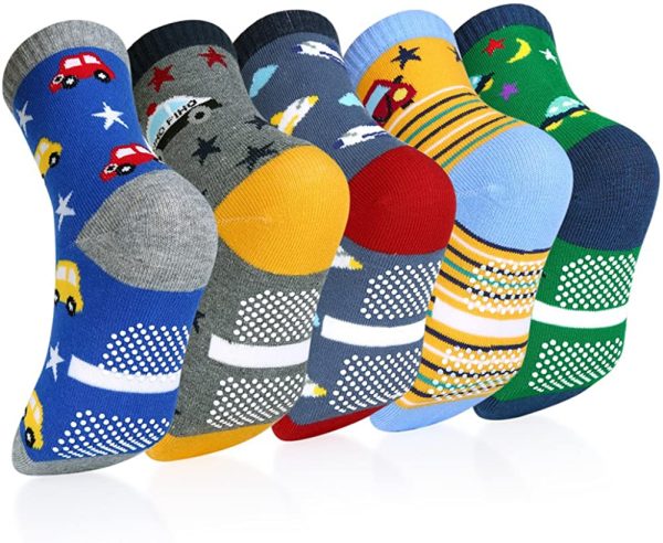 Boys Grips Cotton Ankle Socks - Children Girls Cute Novelty Toddler Infant Warm Anti-slip Cozy Funny Colorful Athletic Sport Multipack 5 Pairs for Spring Summer Autumn Winter Kids Aged 0-12 - Image 3