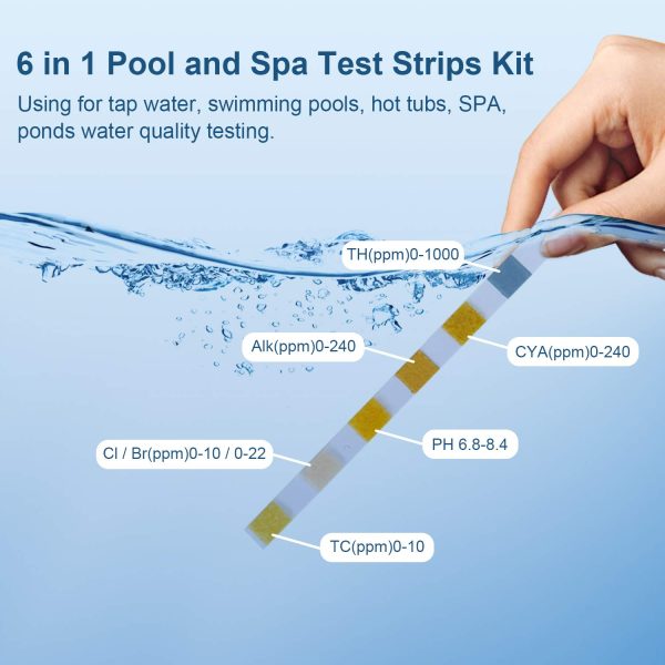 100 Pcs Hot Tub Test Strips,6 in 1 Test Strips Kit-Swimming Pool Spa Chemicals Test Strips for Rapid Measurement of Residual Chlorine in Water PH Total Hardness Alkalinity for Hot Tubs - Image 2