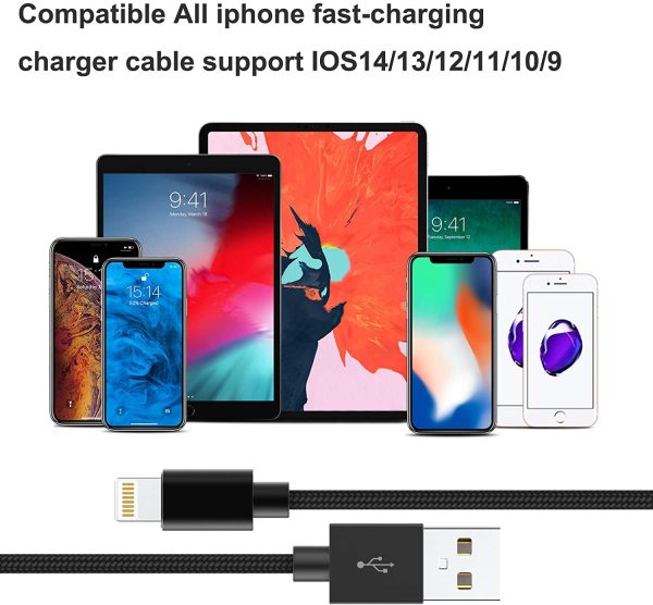 iPhone Charger Cables, [MFi Certified] Cable 5Pack [6ft]/[2m] Nylon Braided Fast Charging Long Compatible iPhone 12Pro Max/12Pro/12/11Pro Max/11Pro/11/XS/Xs Max/XR and More-Black - Image 3