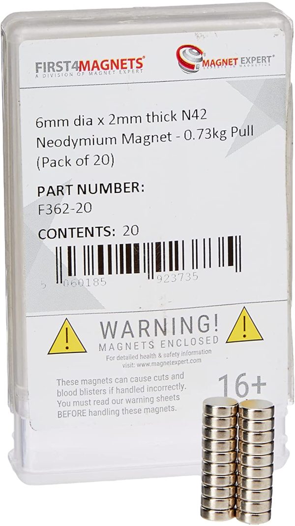 first4magnets? F362-20  6mm dia x 2mm thick N42 Neodymium Magnet - 0.73kg Pull (Pack of 20) - Image 4