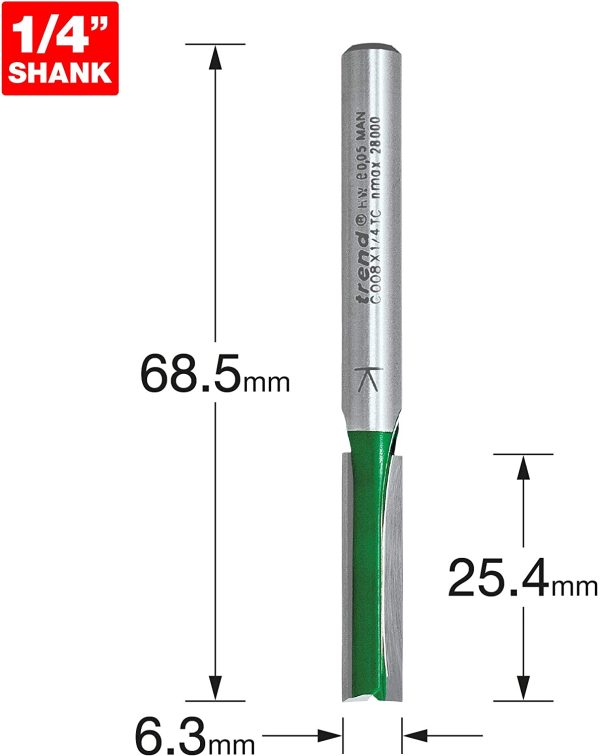 C008X1/4TC 1/4" Shank Straight Router Cutter Bit, 6.3MM Dia X 25.4MM Cut - Image 2