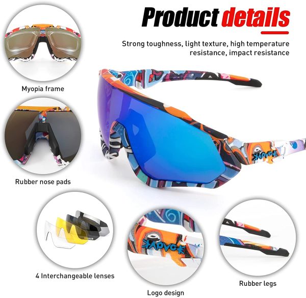 KAPVOE Polarized Cycling Glasses With 5 Interchangeable Lenses Tr90 Frame For Men Women Sports Sunglasses Mountain Bike Glasses MTB Bicycle Goggles Running