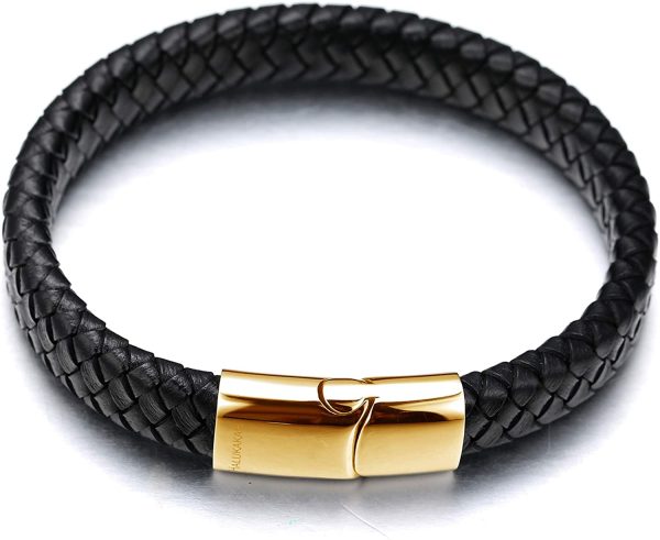 HALUKAKAH Kids ?? Solo Junior ?? Boy's Genuine Leather Bracelet Classic Black 6-12 Y/O. Golden Titanium Magnetic Clasp 7"/18cm with Free Giftbox - Image 4