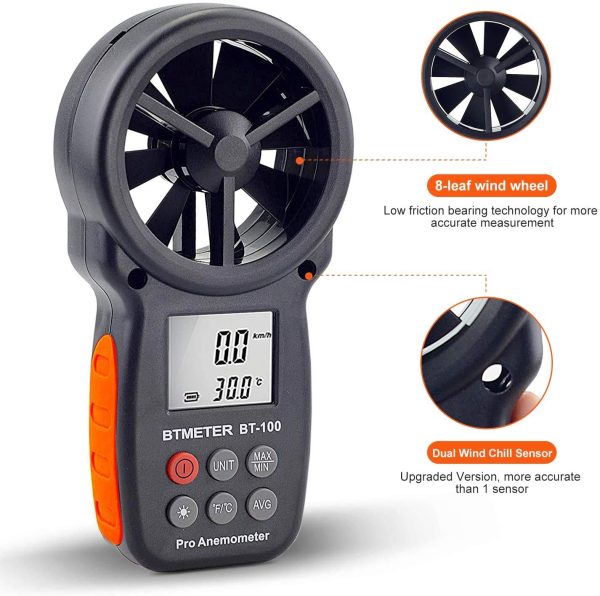 BTMETER Digital Anemometer Handheld BT-100 Wind Speed Meter with Wind Temp Speed CFM with MAX/MIN/AVG, Backlight LCD for Shooting, HVAC, Drone Flying