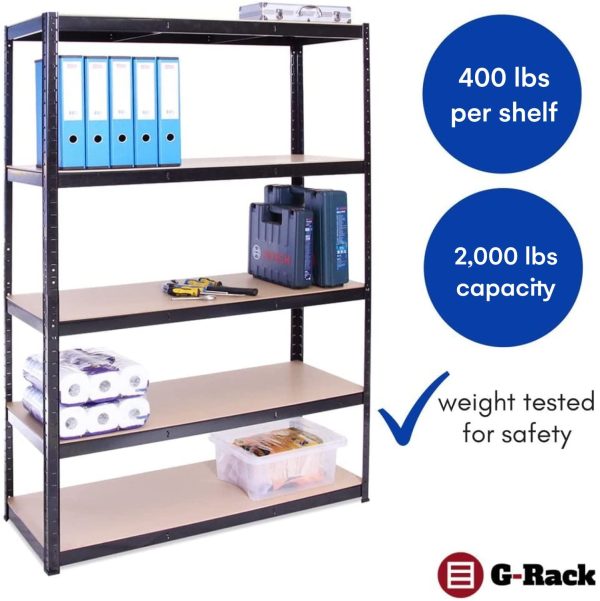 Garage Shelving Units: 180cm x 120cm x 45cm | Heavy Duty Racking Shelves for Storage - 1 Bay, Black 5 Tier (175KG Per Shelf), 875KG Capacity | For Workshop, Shed, Office | 5 Year Warranty - Image 5