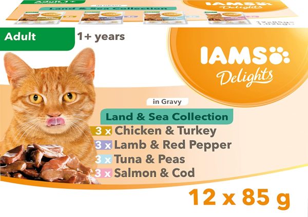 IAMS Delights Wet Food for Kittens 1-12 Months with Chicken in Gravy, 12 x 85 g & Delights Wet Food Land and Sea Collection with Meat and Fish in Gravy, 12 x 85g