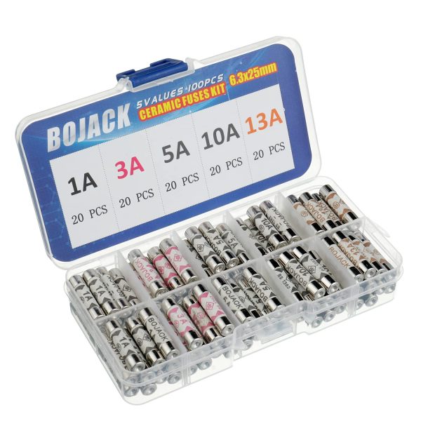 BOJACK 5 Values 100 pcs 1 3 5 10 13 A amp 240 V Volt Household Mains Plug Fuse 6.3x25 mm 0.25x1Inch BS1362 Ceramic Tube Cartridge Fuses Assortment Kit packag in a Clear Plastic Box - Image 2