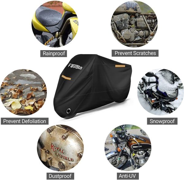 Motorcycle Cover All Season 210T Waterproof Motorbike Cover 225cm long UV Scratch Heat-Resistant Outdoor Protection with Night Reflector Lock-Holes Storage Bag fits up to 88.6??Motors black - Image 5