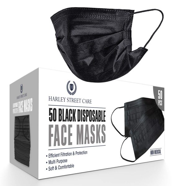 Harley Street Care Disposable Black Face Masks Protective 3 Ply Breathable Triple Layer Mouth Cover with Elastic Earloops (Pack of 50) - Image 6