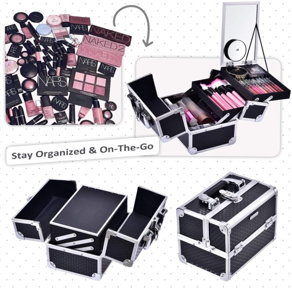 Joligrace Makeup Box Vanity Case Cosmetic Organiser Case Beauty Box with Mirror and Magnification(5X) Spot Mirror, Black