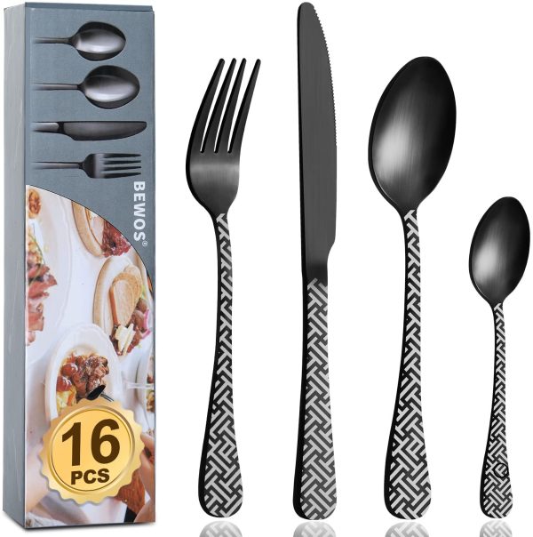 Cutlery Set,  16-Piece Matt Black Unique Pattern Design for Gift, Stainless Steel Flatware Set, Silverware Set with Spoon Knife and Fork Set, Service for 4, Dishwasher Safe