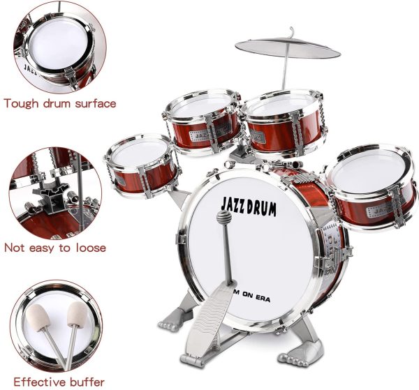 Junior Kids Drum Kit??Toddler Jazz Drum Toy 5 Drums & Cymbal Kit with Stool Mini Band Rock Set - Realistic Design Musical Instrument Percussion Toy Xmas Gift for Beginners Boys Girls, Red - Image 7