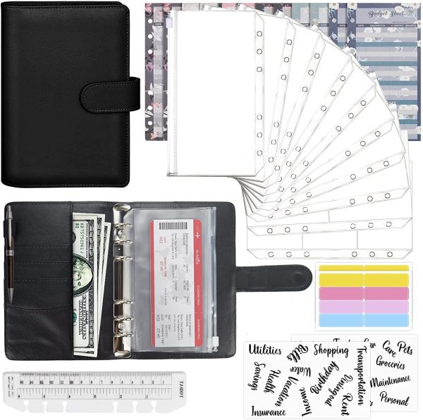 Ring Binder Set - 28pcs Leather Notebook Budget Binder with Clear Cash Envelopes,Budget Sheets and Label Stickers,Cash Organizer Money Saving Binder for Travel and Diary Black