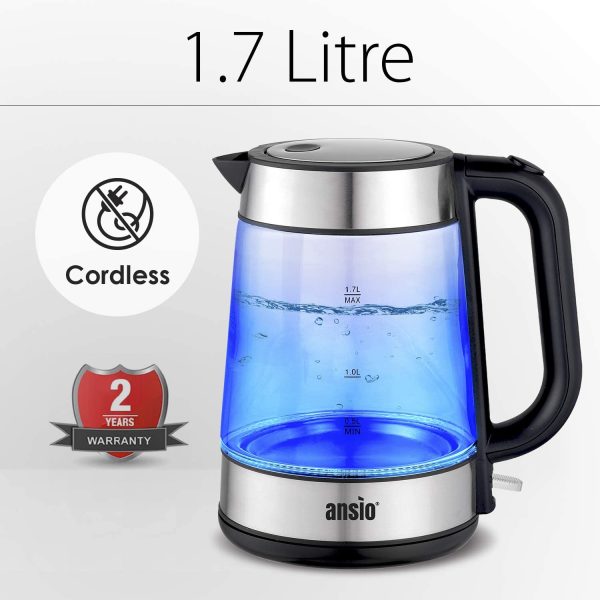 Electric Kettle Glass Kettle 1.7L Cordless 2200W Removable Filter, Boil Dry Protection & Auto Shut Off, LED Light Ring, Thermostat and Strix Controller