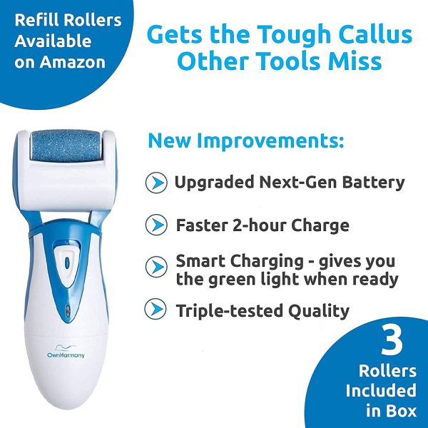 Electric Hard Skin Remover by Own Harmony: USA's Best Rated Callus Remover - Rechargeable Pedicure Tools w/ 3 Coarse Diamond Rollers - for Velvet-Smooth Foot Care - Professional (Universal USB Cord) - Image 2