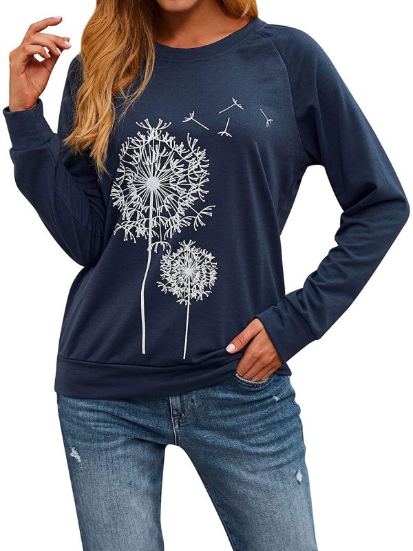 Dresswel Women Dandelion Print Sweatshirt Crew Neck Long Sleeve Tops Basic Jumper Tunic Blouse Shirts