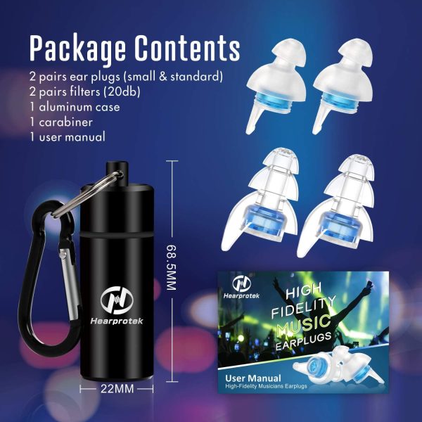 High Fidelity Concert Ear plugs, Hearprotek 20db Noise Reduction Music Earplugs-Hearing Protection for Musicians, DJ’s, Drummers, Percussion, Festival, Nightclub and other Loud Events (Blue)