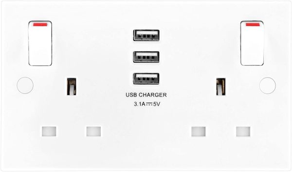 BG Electrical 922u33 Double Switched 13 Amp Fast Power Socket with Three USB Charging Ports, 3.1A, 5 Volts, 15.5 Watts, White - Image 6