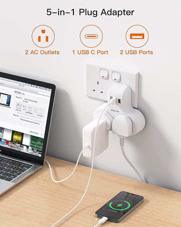 Double Plug Extension with 3 USB (1 USB-C), 2 Way Plug Adaptor Multi Plug Adpater, BESHON 13A UK 3 Pin Socket Extension for Travel, Home and Office - Image 3