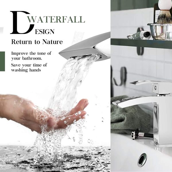 Basin Taps Waterfall with Pop up Waste Square Bathroom Sink Mixer Taps with UK Standard Hoses - Image 4