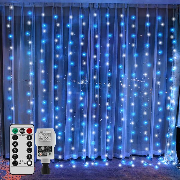 2M x 2M Curtain Light Mains Powered Backdrop Window Curtain Light Christmas Fairy Lights Plug in Linkable,204 LED,Remote for Easter Indoor Gazebo Decor(Blue+White) - Image 5