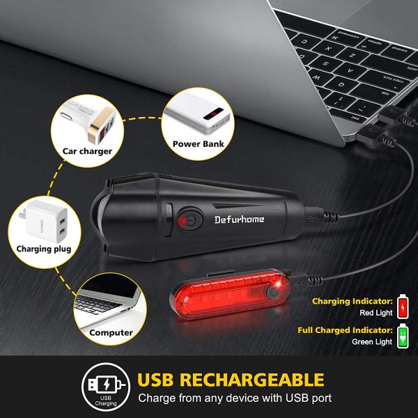 Defurhome Super Bright Bike Light Set, Powerful LED USB Rechargeable Front Headlight and Back Taillight, 2000mah Lithium Battery, Waterproof, 4 Lighting Modes Mountain Road Bicycle Lights - Image 6