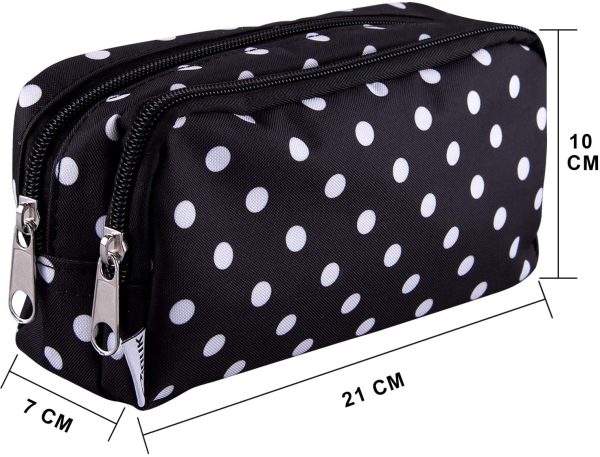 Pencil Case Black with White Dot Large Capacity Pen Case Double Zippers Pen Bag Office Stationery Bag Cosmetic Bag with Compartments for Girls Boys and Adults - Image 2