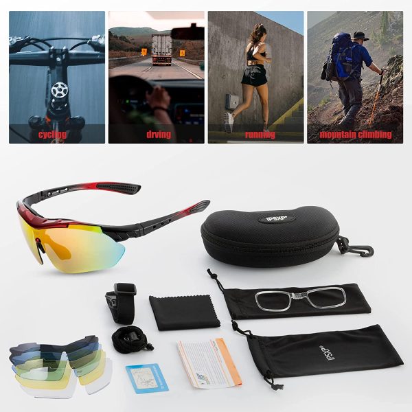 IPSXP Polarized Sports Sunglasses with 5 Interchangeable Lenses,Mens Womens Cycling Glasses,Baseball Running Climbing Fishing Driving Golf??Red and black?? - Image 5